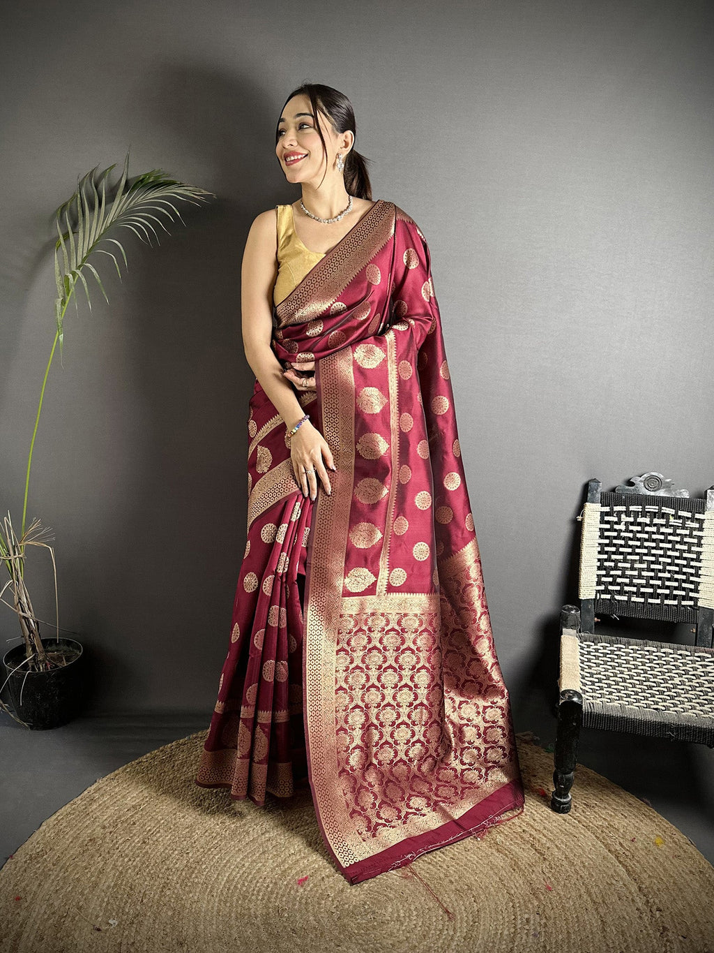 Joban Fashion Maroon Soft Banarasi Silk Jacquard Weaving Saree | Grocsy