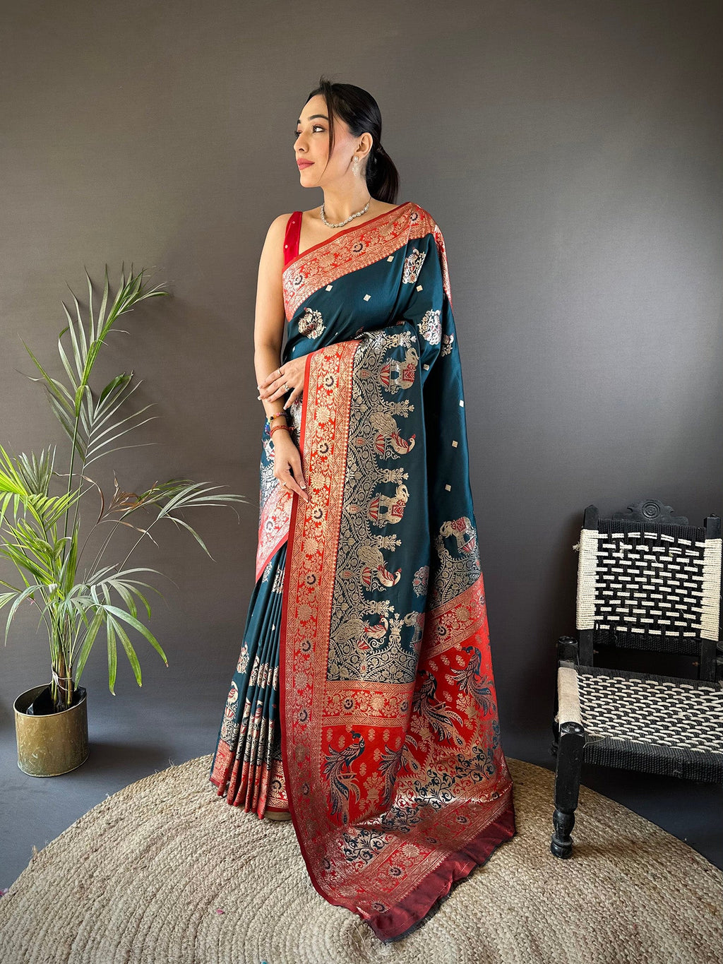 Elora Soft Silk Meenakari Peacock Zari Weaving Work Paithani Saree(Dark Teal) | Grocsy