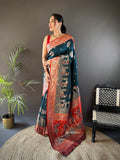 Elora Soft Silk Meenakari Peacock Zari Weaving Work Paithani Saree(Dark Teal) | Grocsy