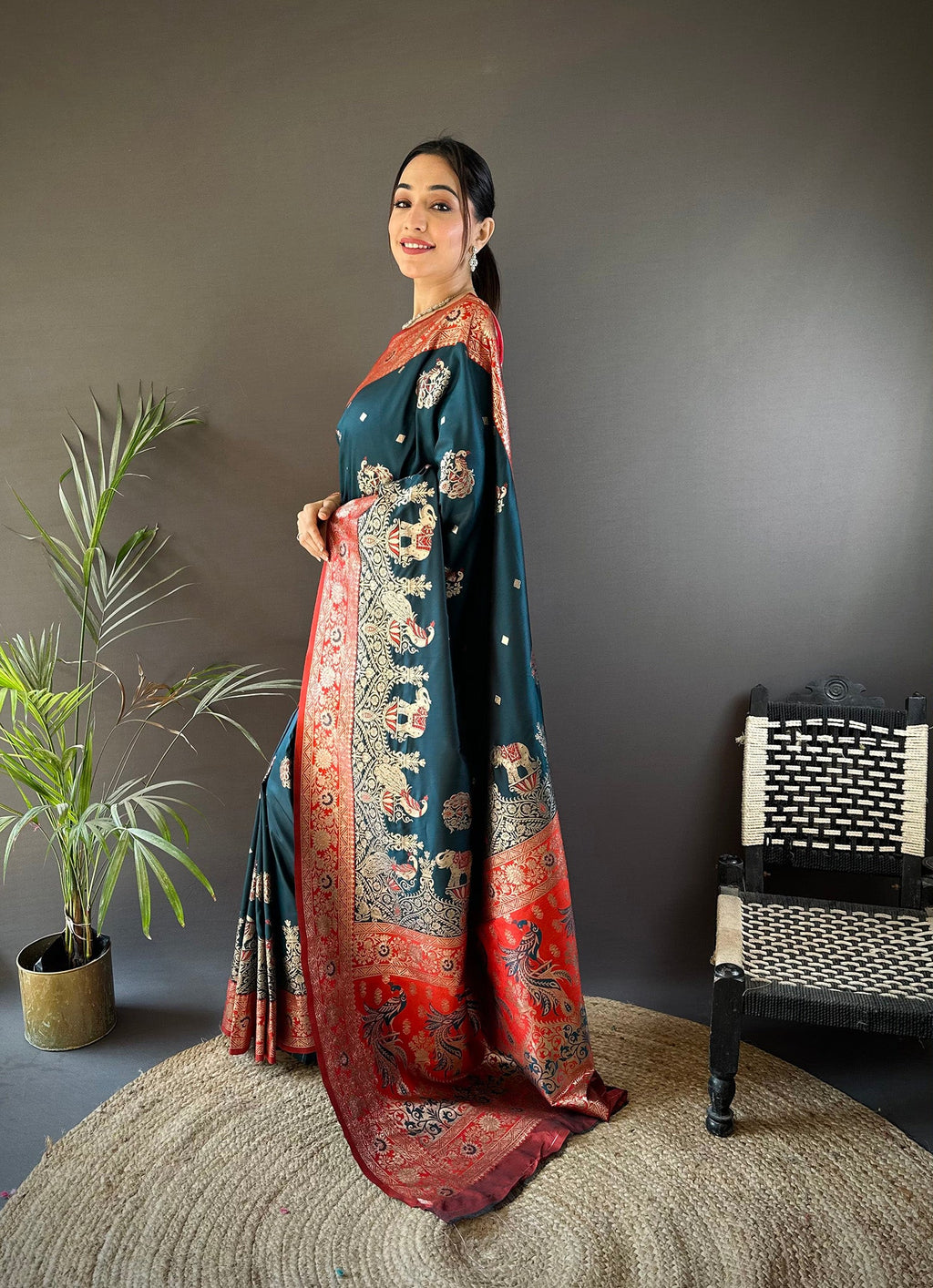 Elora Soft Silk Meenakari Peacock Zari Weaving Work Paithani Saree(Dark Teal) | Grocsy