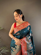 Elora Soft Silk Meenakari Peacock Zari Weaving Work Paithani Saree(Dark Teal) | Grocsy