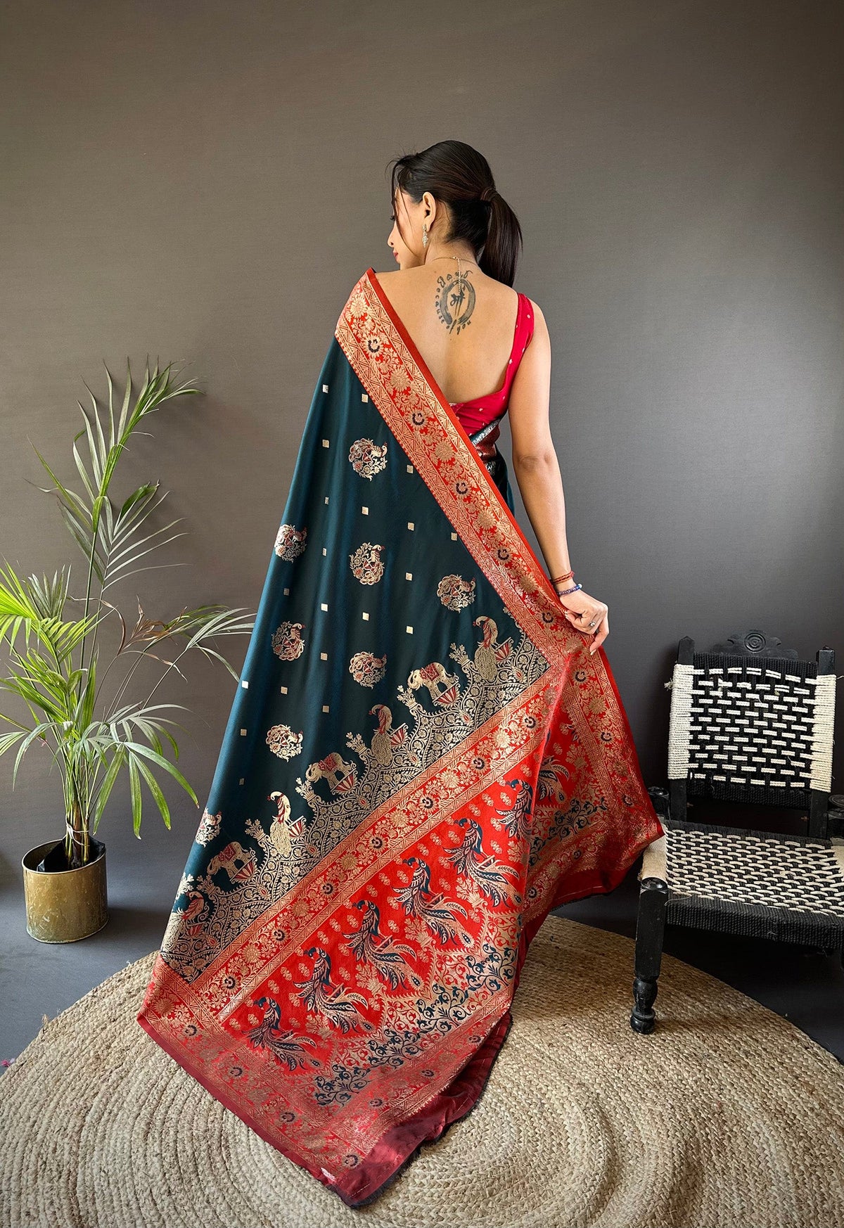 Elora Soft Silk Meenakari Peacock Zari Weaving Work Paithani Saree(Dark Teal) | Grocsy