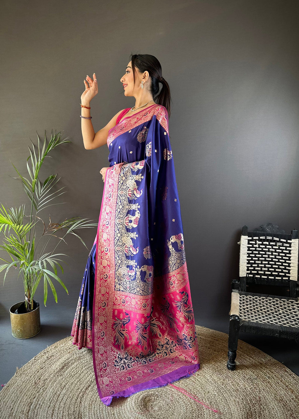 Elora Soft Silk Meenakari Peacock Zari Weaving Work Paithani Saree(Royal Blue) | Grocsy