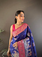 Elora Soft Silk Meenakari Peacock Zari Weaving Work Paithani Saree(Royal Blue) | Grocsy