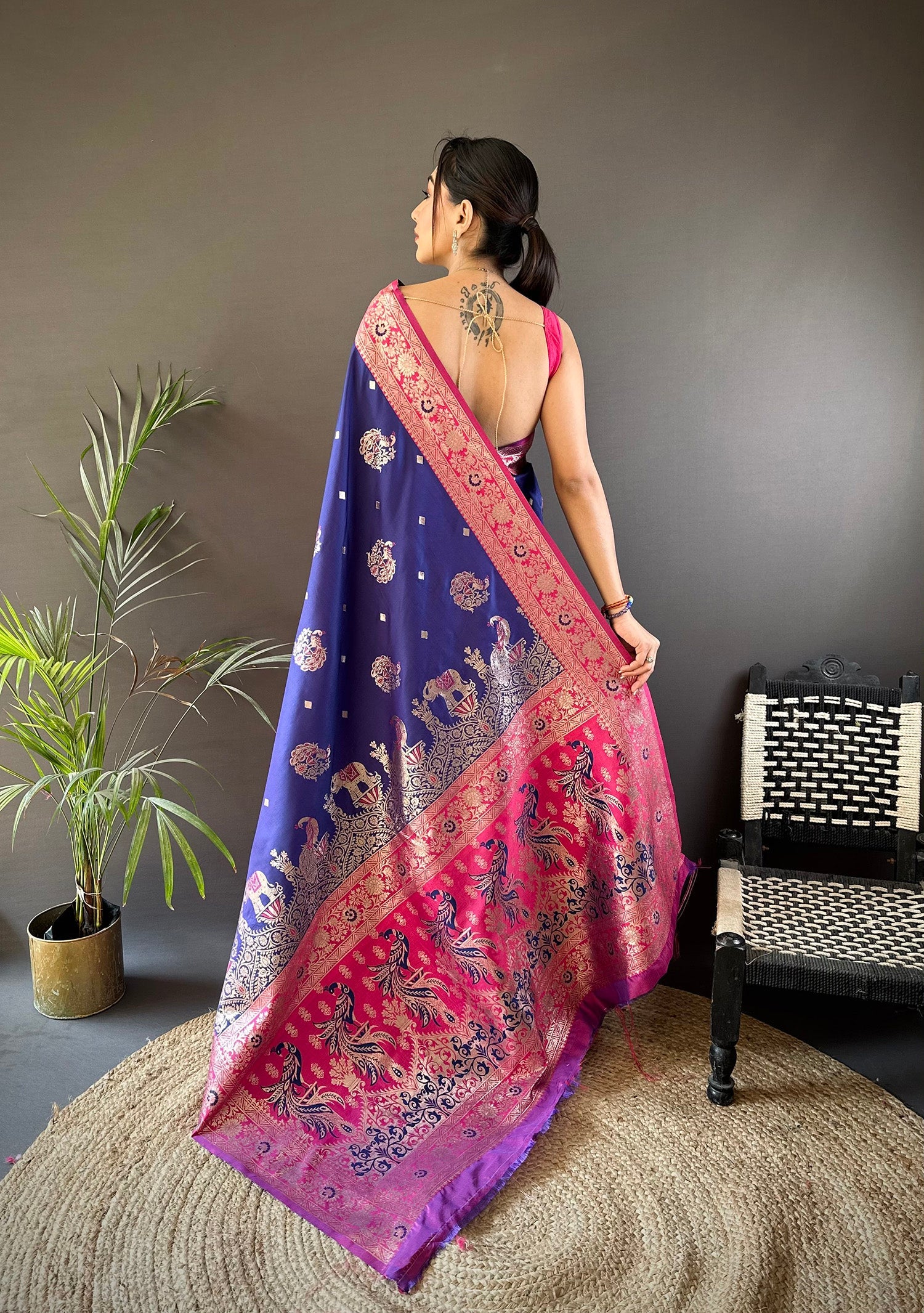 Elora Soft Silk Meenakari Peacock Zari Weaving Work Paithani Saree(Royal Blue) | Grocsy