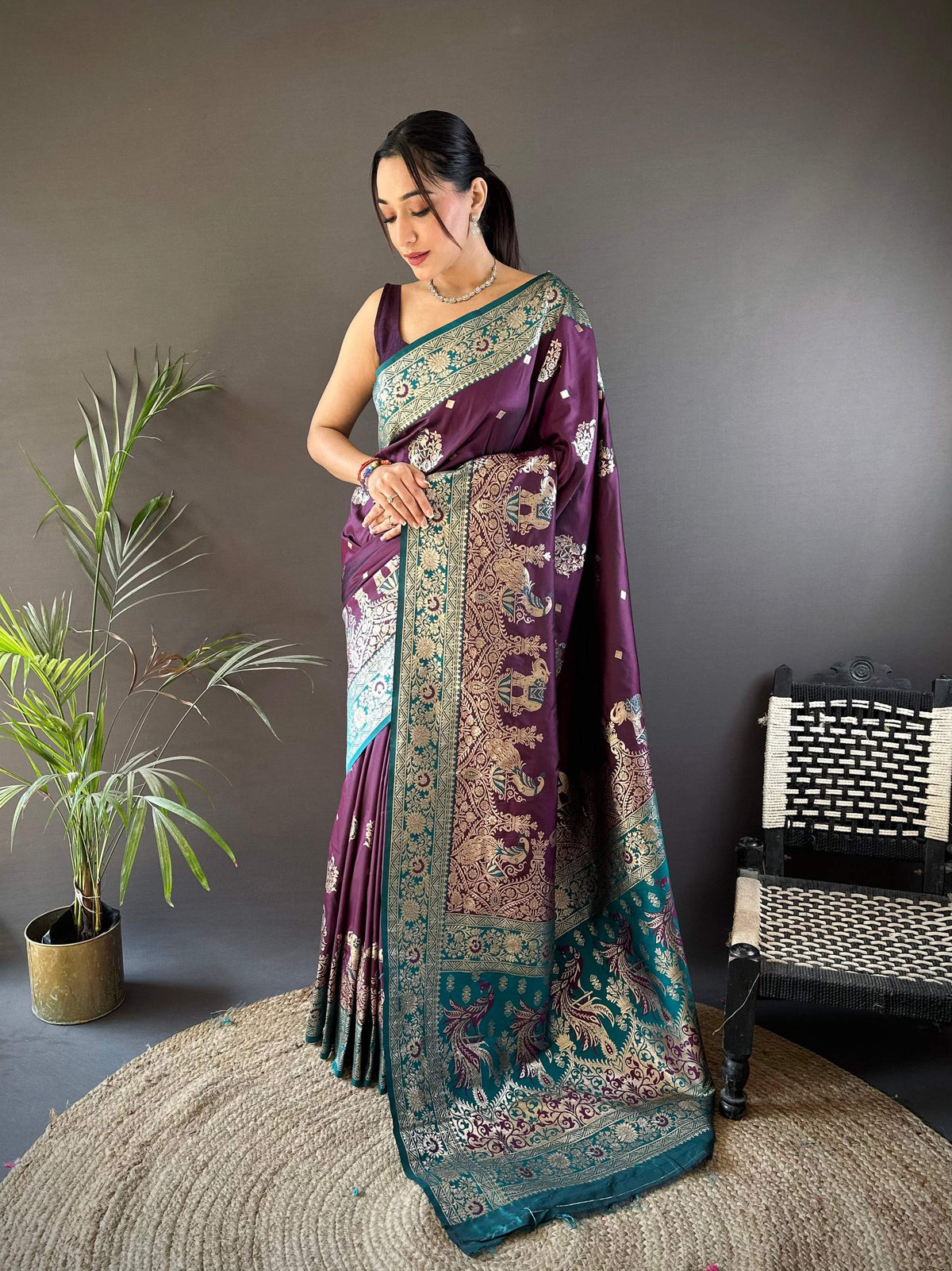 Elora Soft Silk Meenakari Peacock Zari Weaving Work Paithani Saree(Purple) | Grocsy
