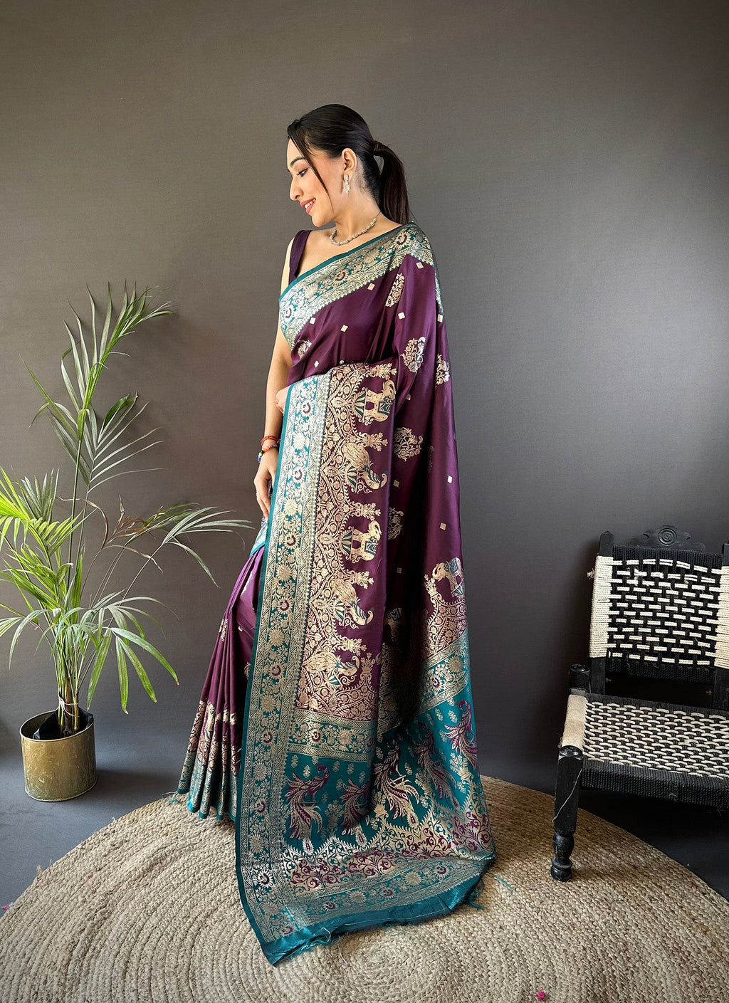 Elora Soft Silk Meenakari Peacock Zari Weaving Work Paithani Saree(Purple) | Grocsy