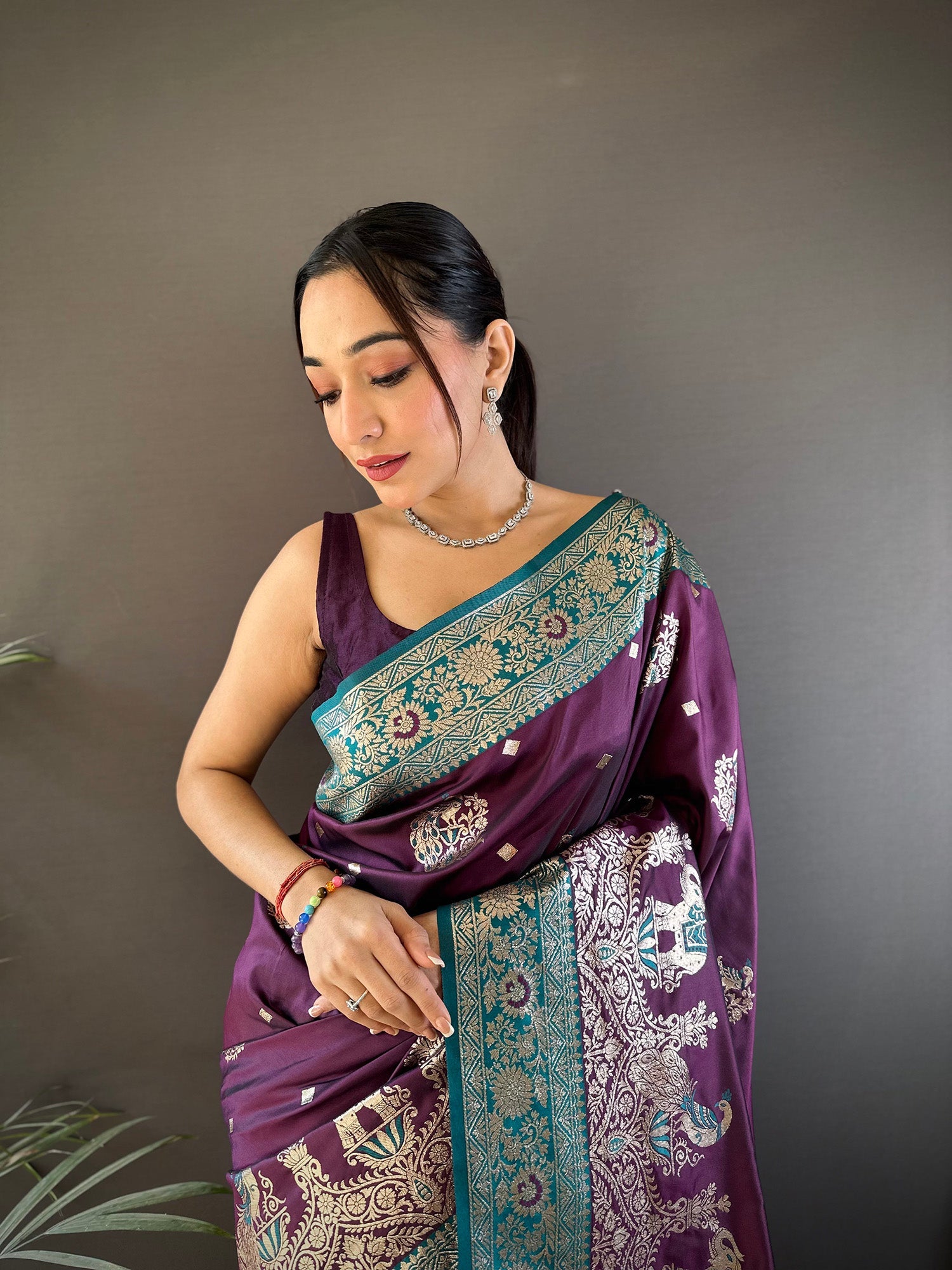 Elora Soft Silk Meenakari Peacock Zari Weaving Work Paithani Saree(Purple) | Grocsy