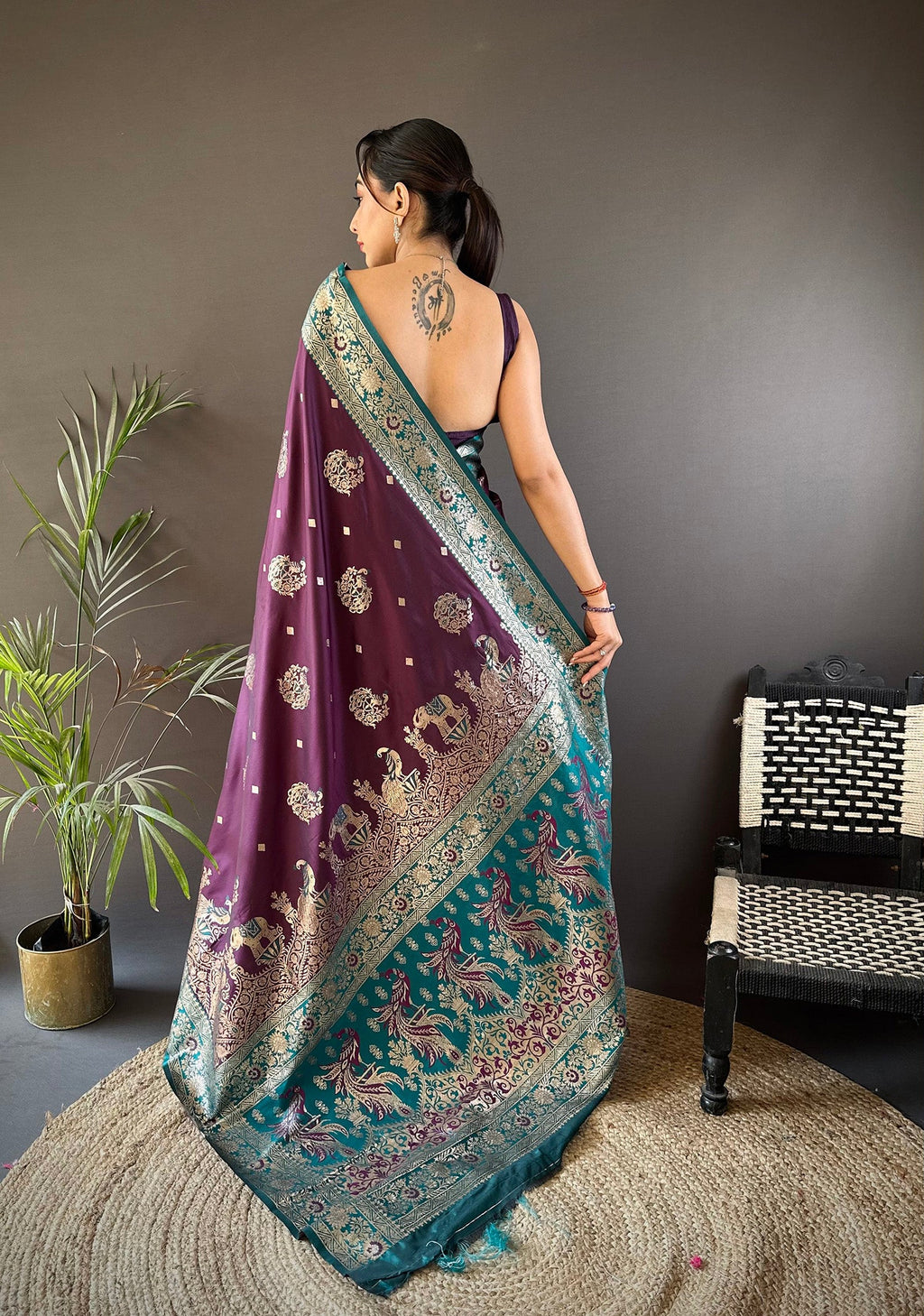 Elora Soft Silk Meenakari Peacock Zari Weaving Work Paithani Saree(Purple) | Grocsy