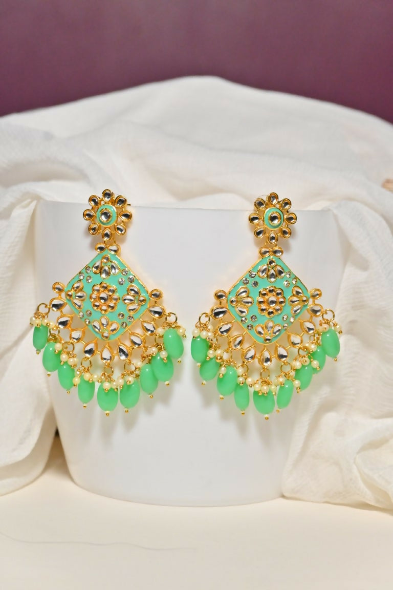 Sea Green And Gold Ethnic Meenakari Enamel Jhumki Earrings By House of Ree - Swadesiicart