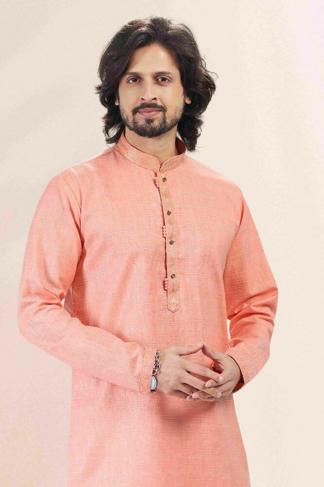 Raivat Ethnic Linen Cotton Pintux Work Kurta Pajama In Pink Colour | Grocsy
