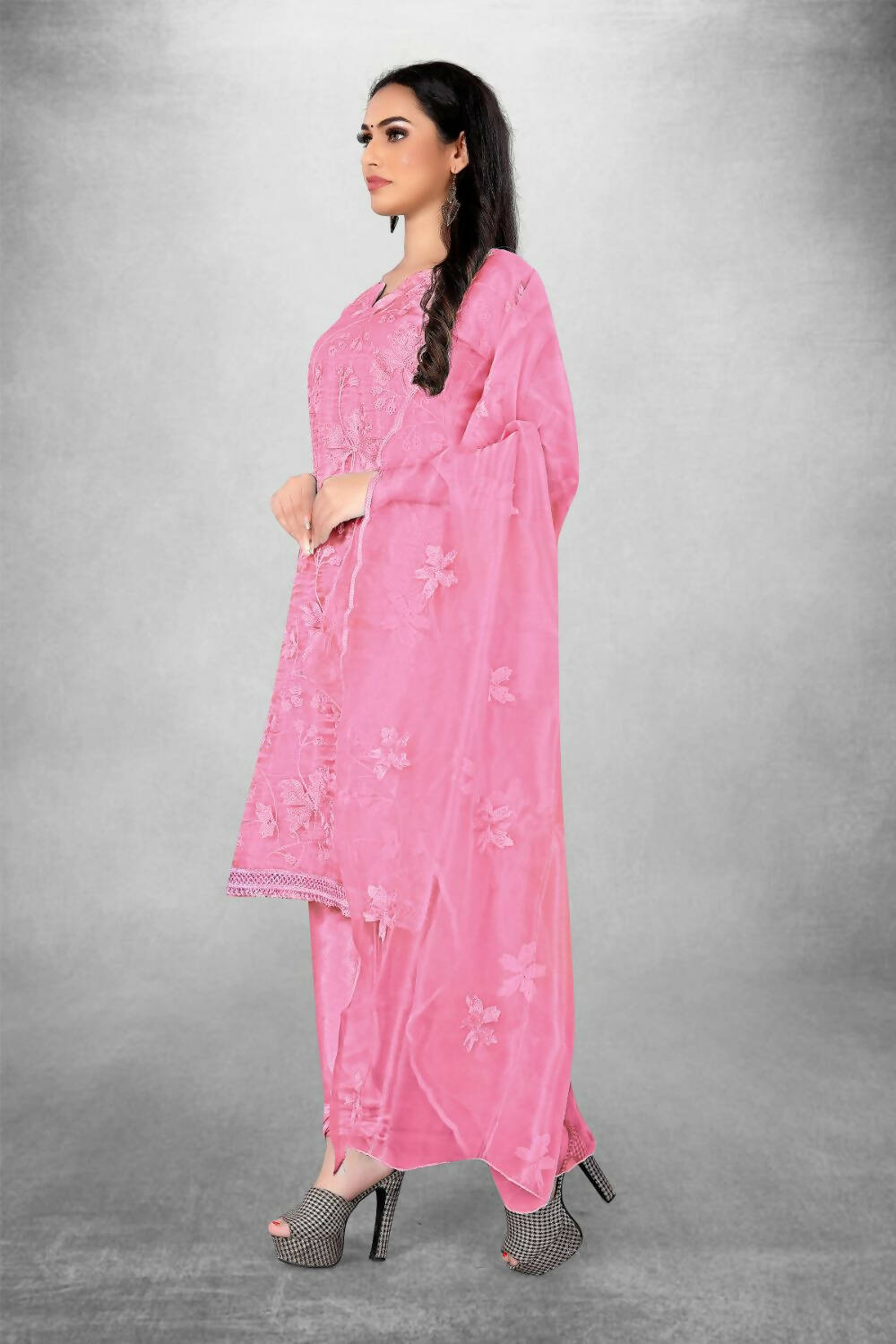 Pink Heavy Organza Silk Embroidered Unstitched Dress Material - Amara | Grocsy