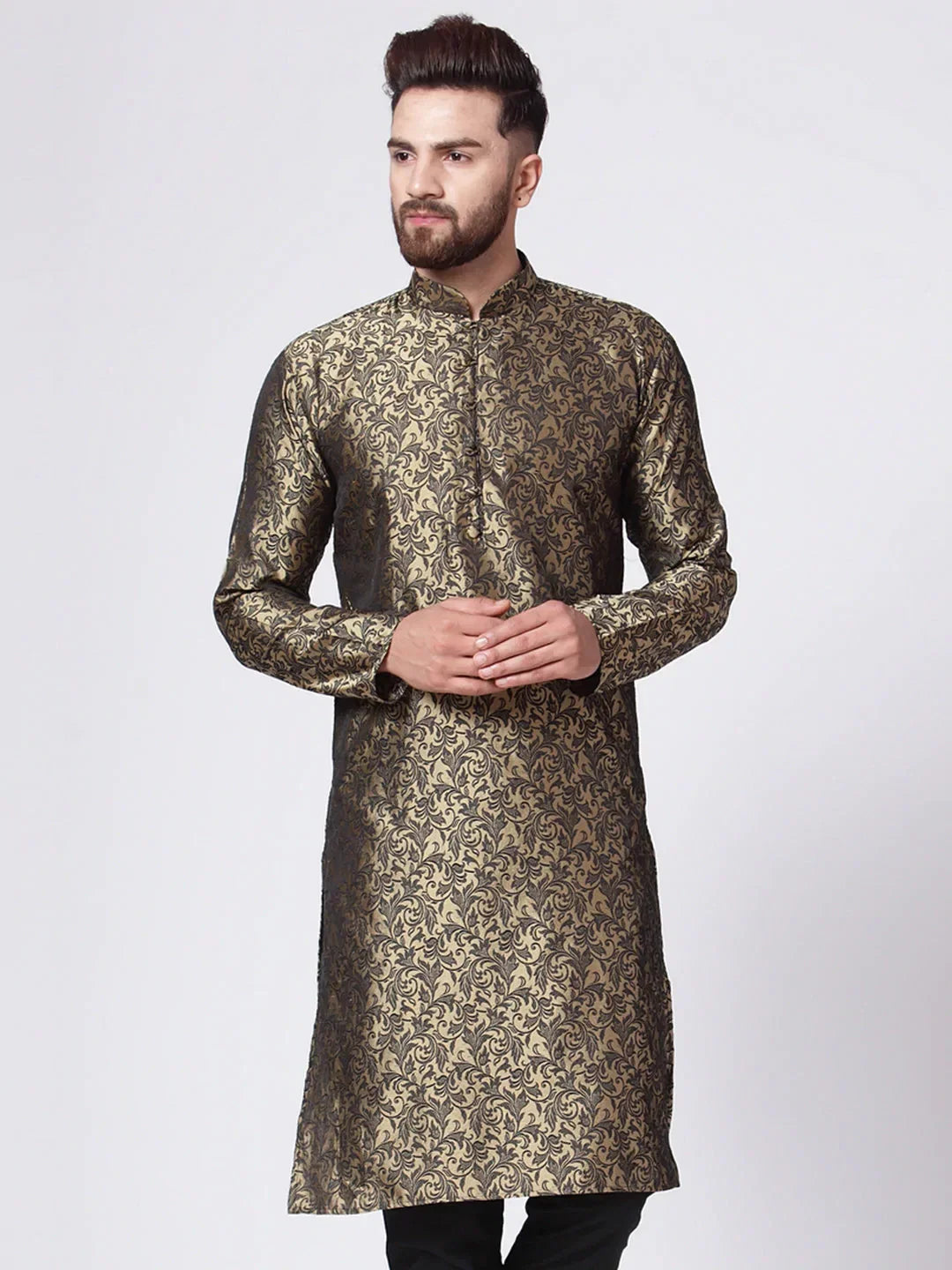 Jompers Men's Golden & Black Self Design Kurta Only | Grocsy