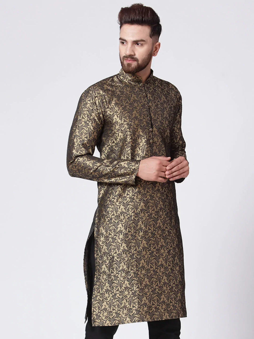 Jompers Men's Golden & Black Self Design Kurta Only | Grocsy
