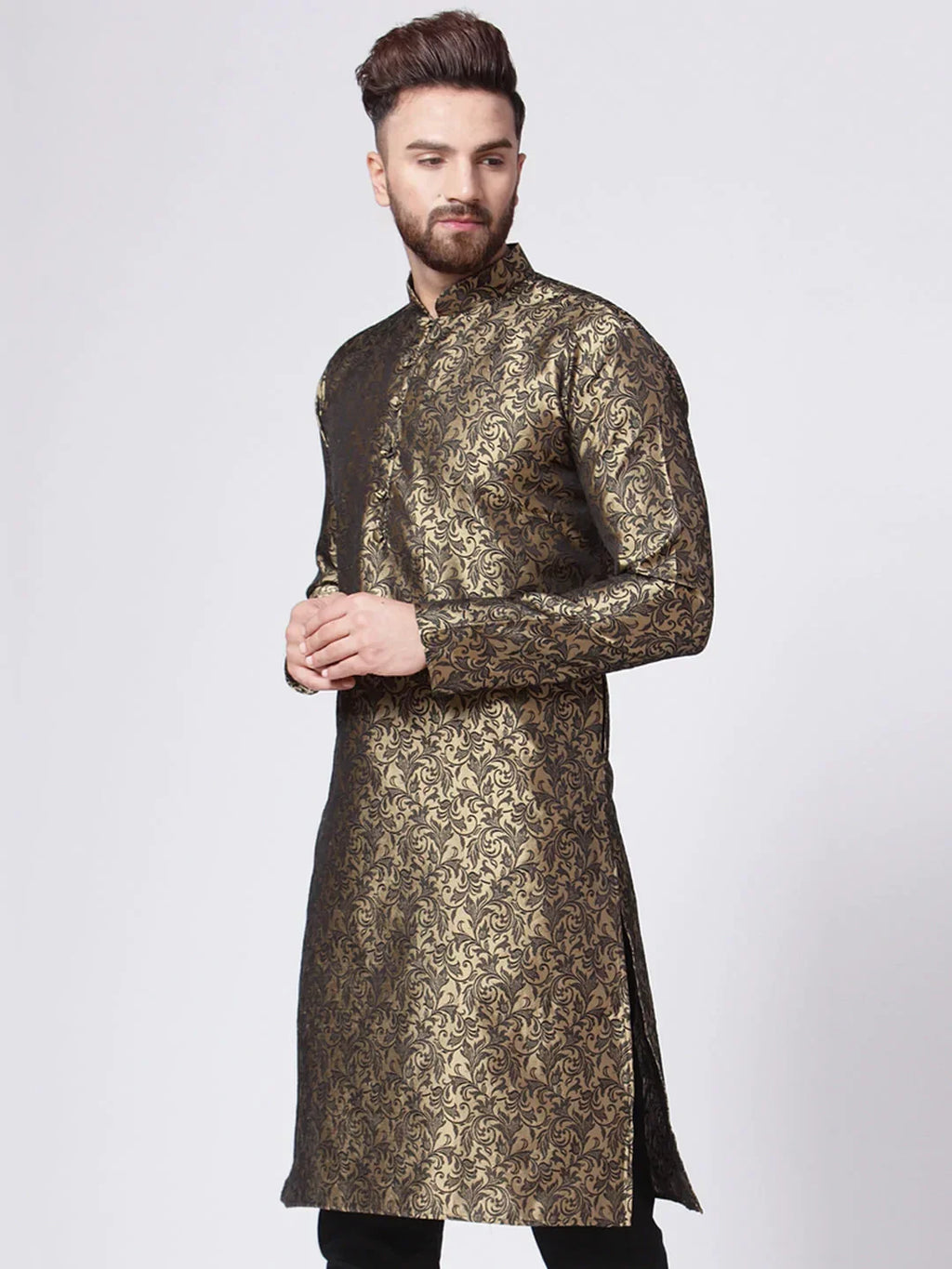 Jompers Men's Golden & Black Self Design Kurta Only | Grocsy