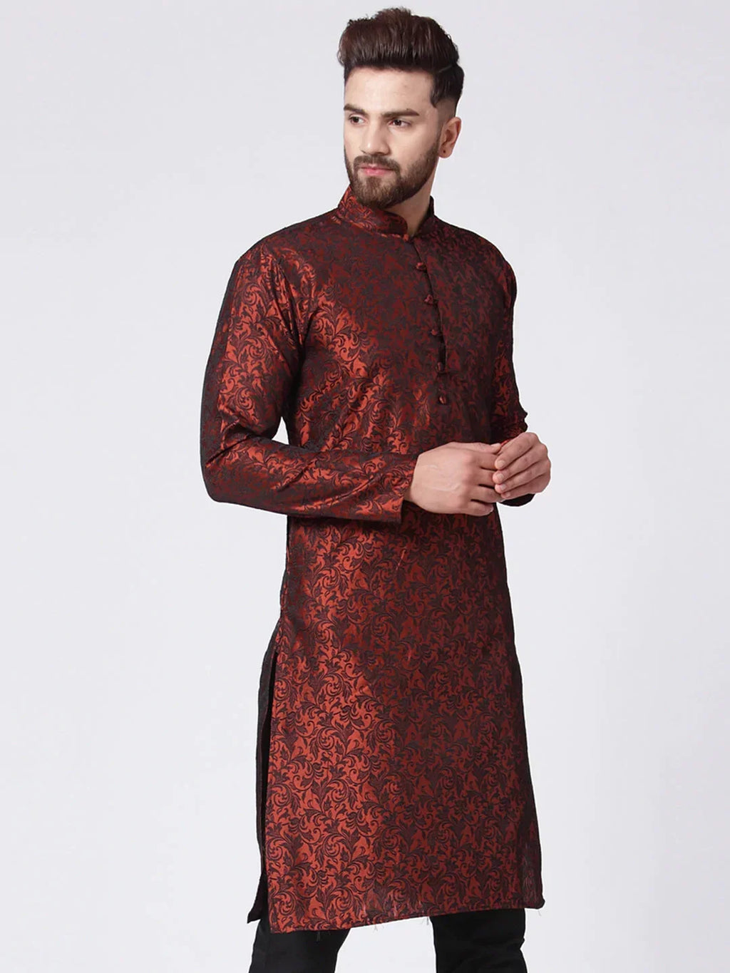 Jompers Men's Maroon & Black Self Design Kurta Only | Grocsy