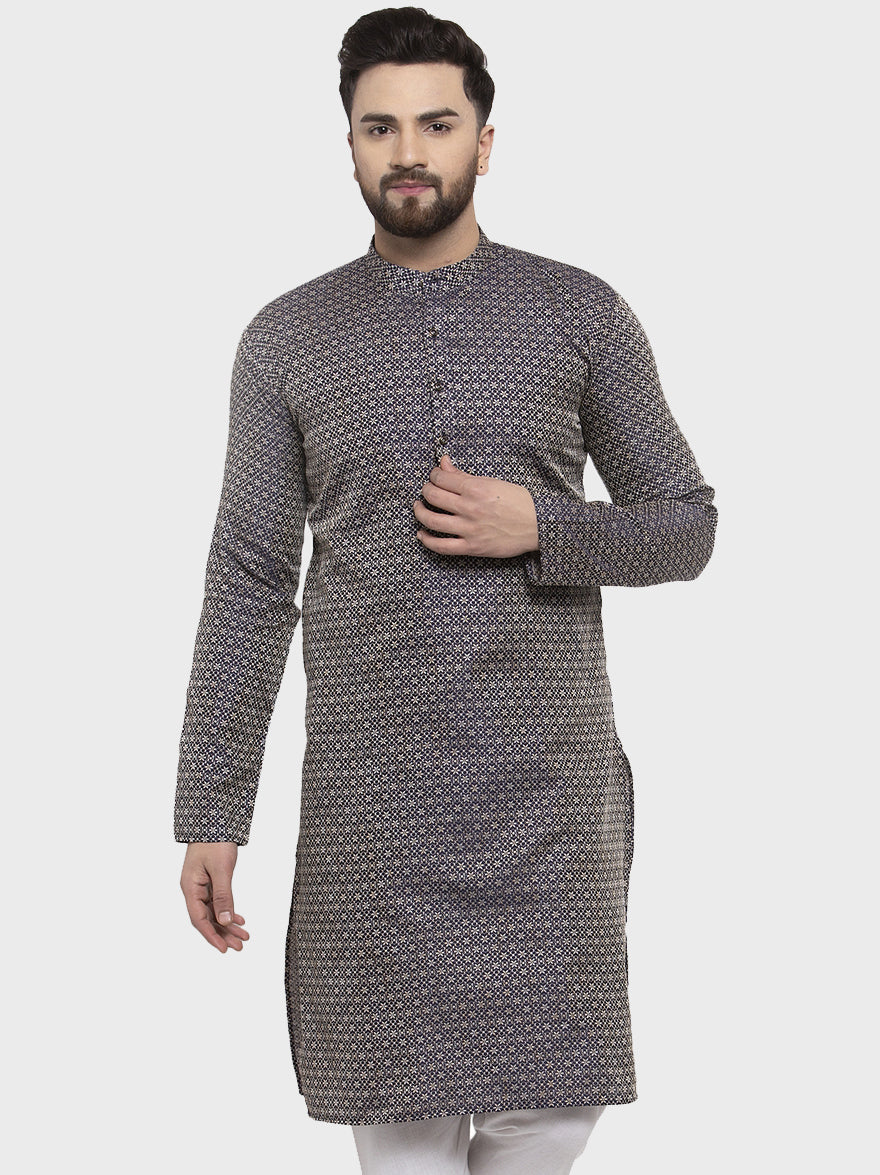 Jompers Men Navy-Blue & White Woven Design Kurta Only | Grocsy
