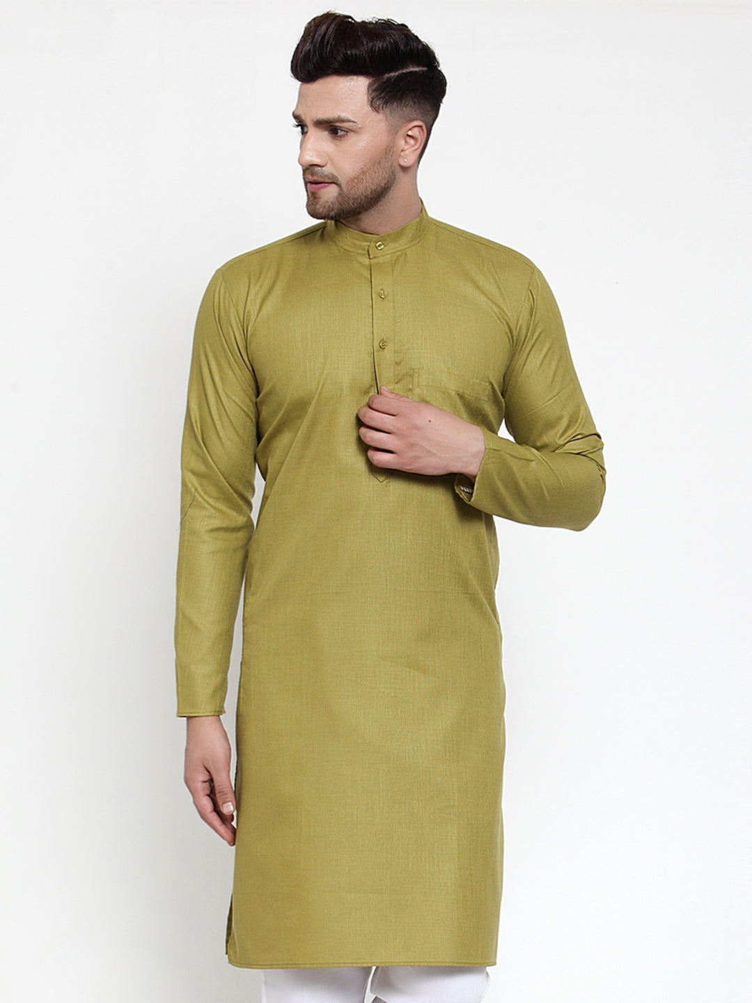 Jompers Men Olive Green & White Solid Kurta Only | Grocsy