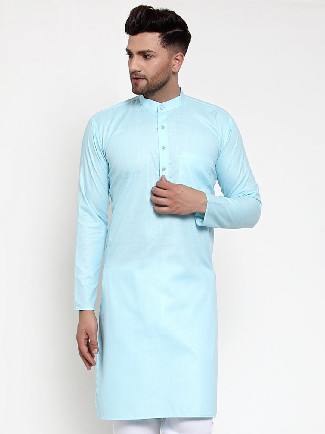Jompers Men Sky-Blue & White Solid Kurta Only | Grocsy