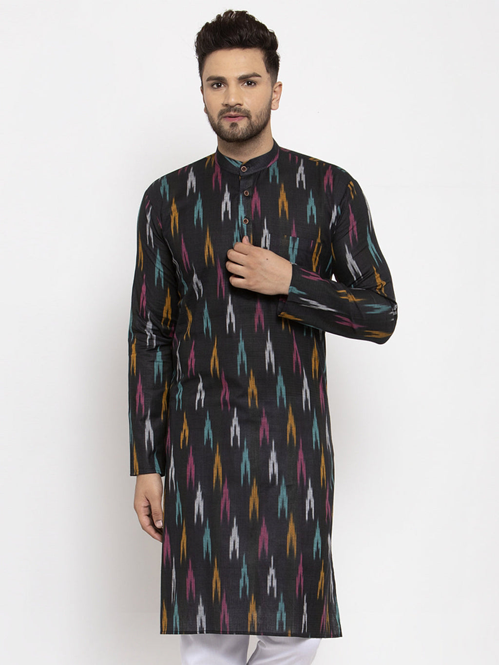 Jompers Men Black Woven Design Ikkat Straight Kurta Only | Grocsy