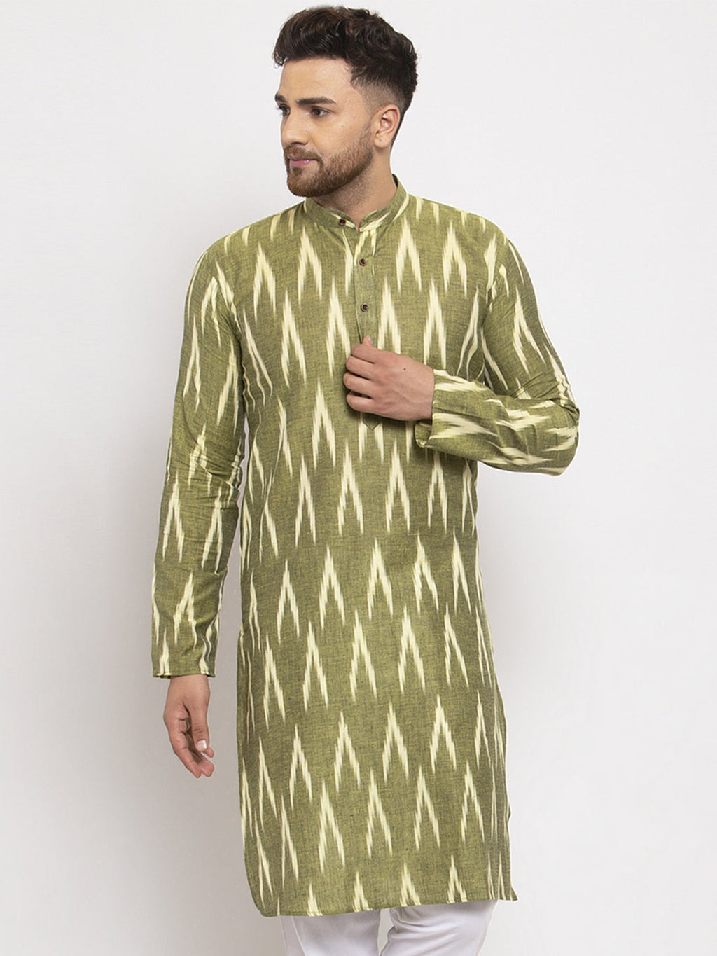Jompers Men Green Woven Design Ikkat Straight Kurta Only | Grocsy