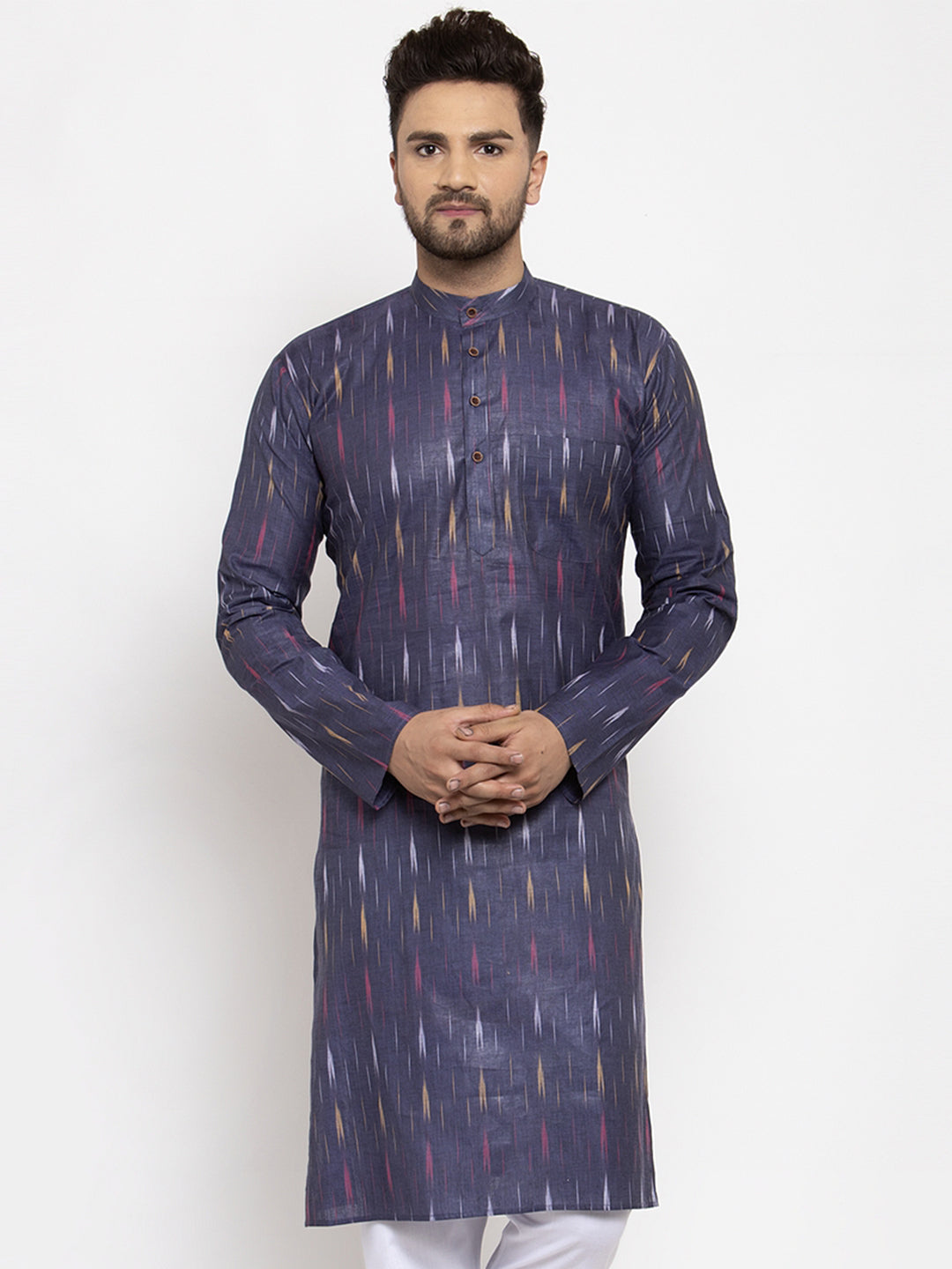 Jompers Men Navy Blue Woven Design Ikkat Straight Kurta Only | Grocsy