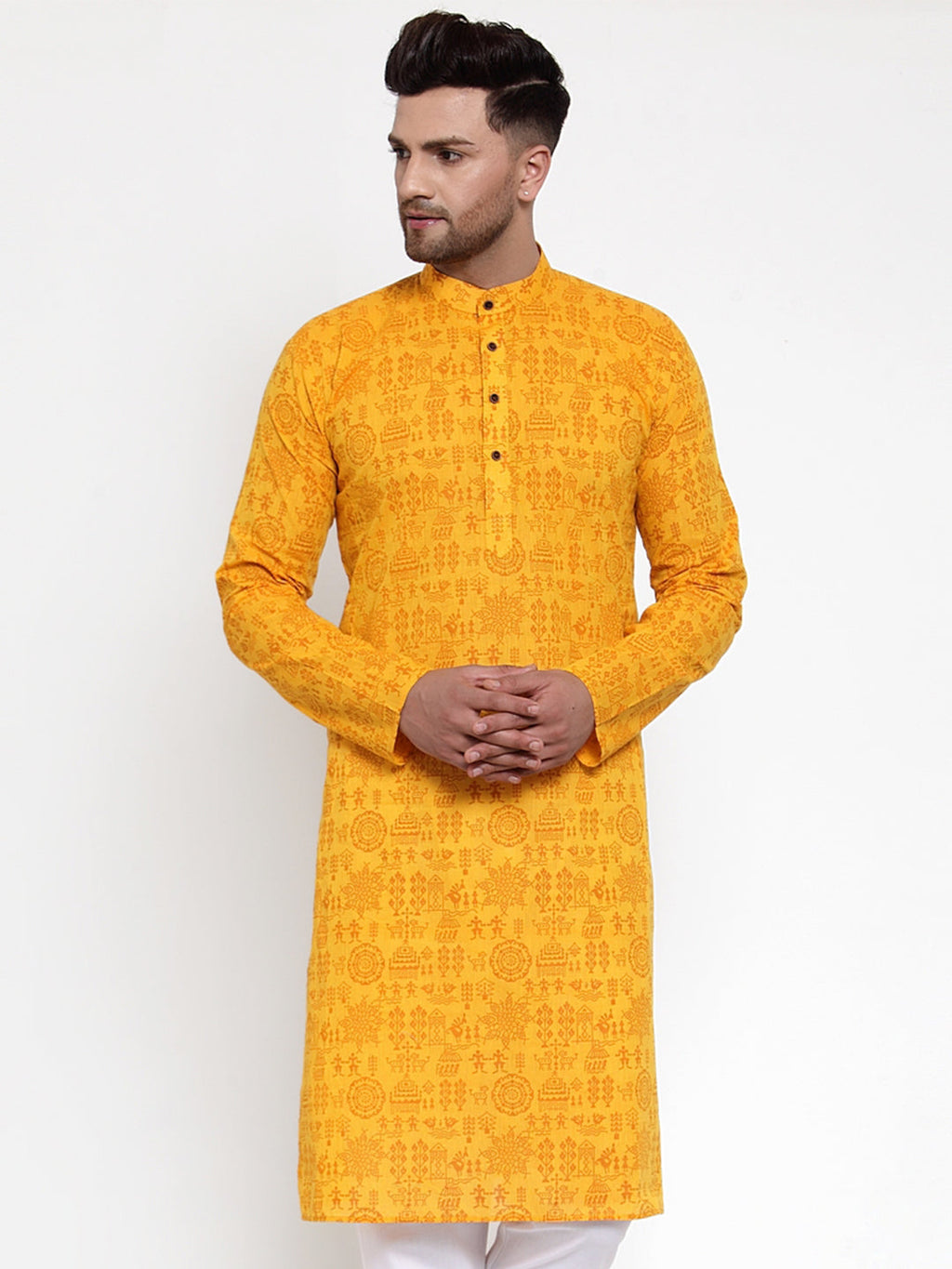 Jompers Men Mustard Printed Straight Kurta Only | Grocsy