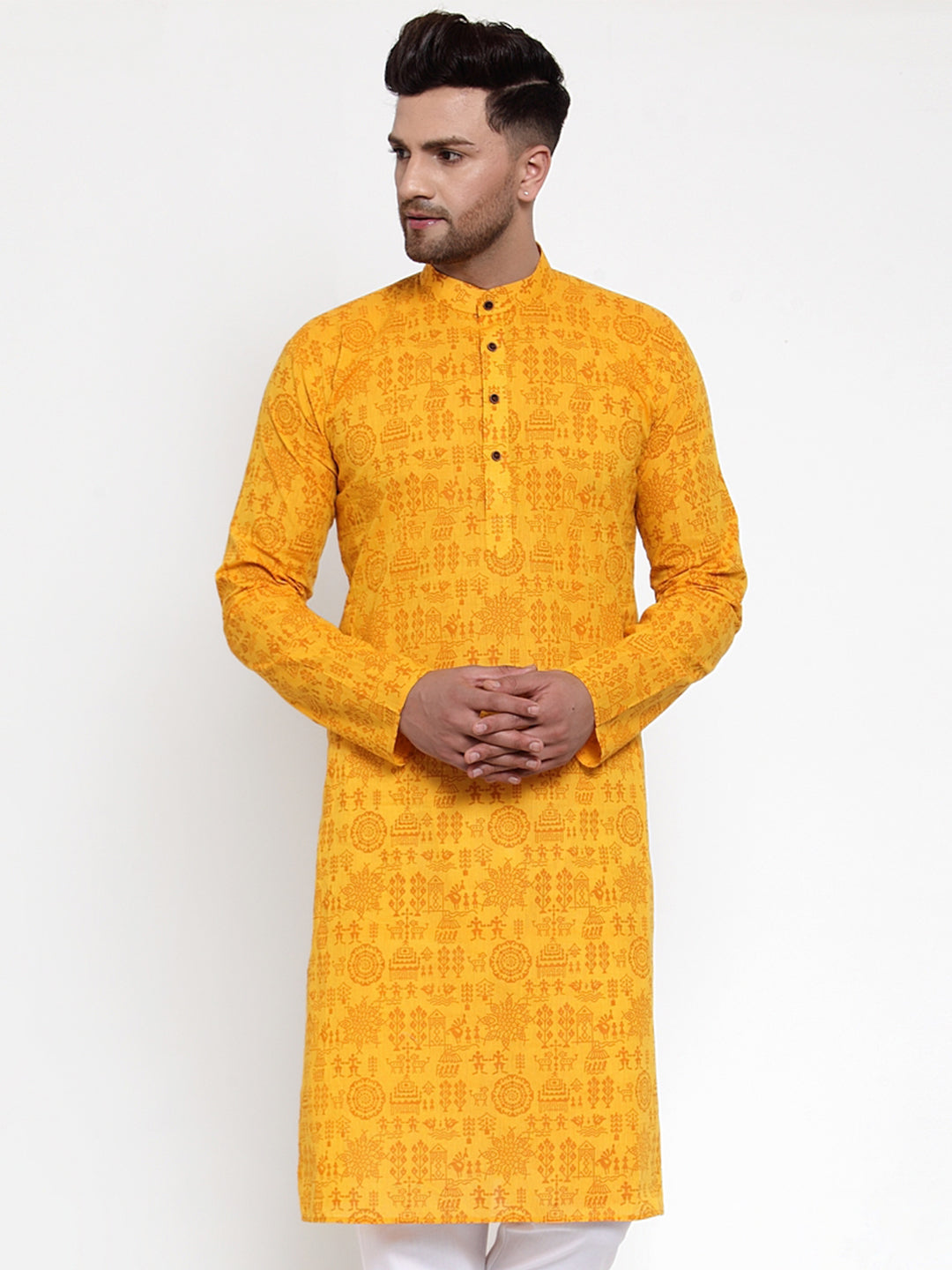 Jompers Men Mustard Printed Straight Kurta Only | Grocsy