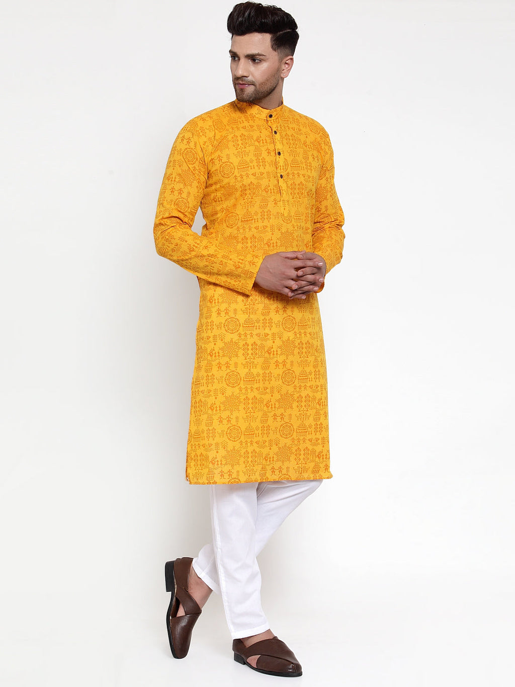 Jompers Men Mustard Printed Straight Kurta Only | Grocsy