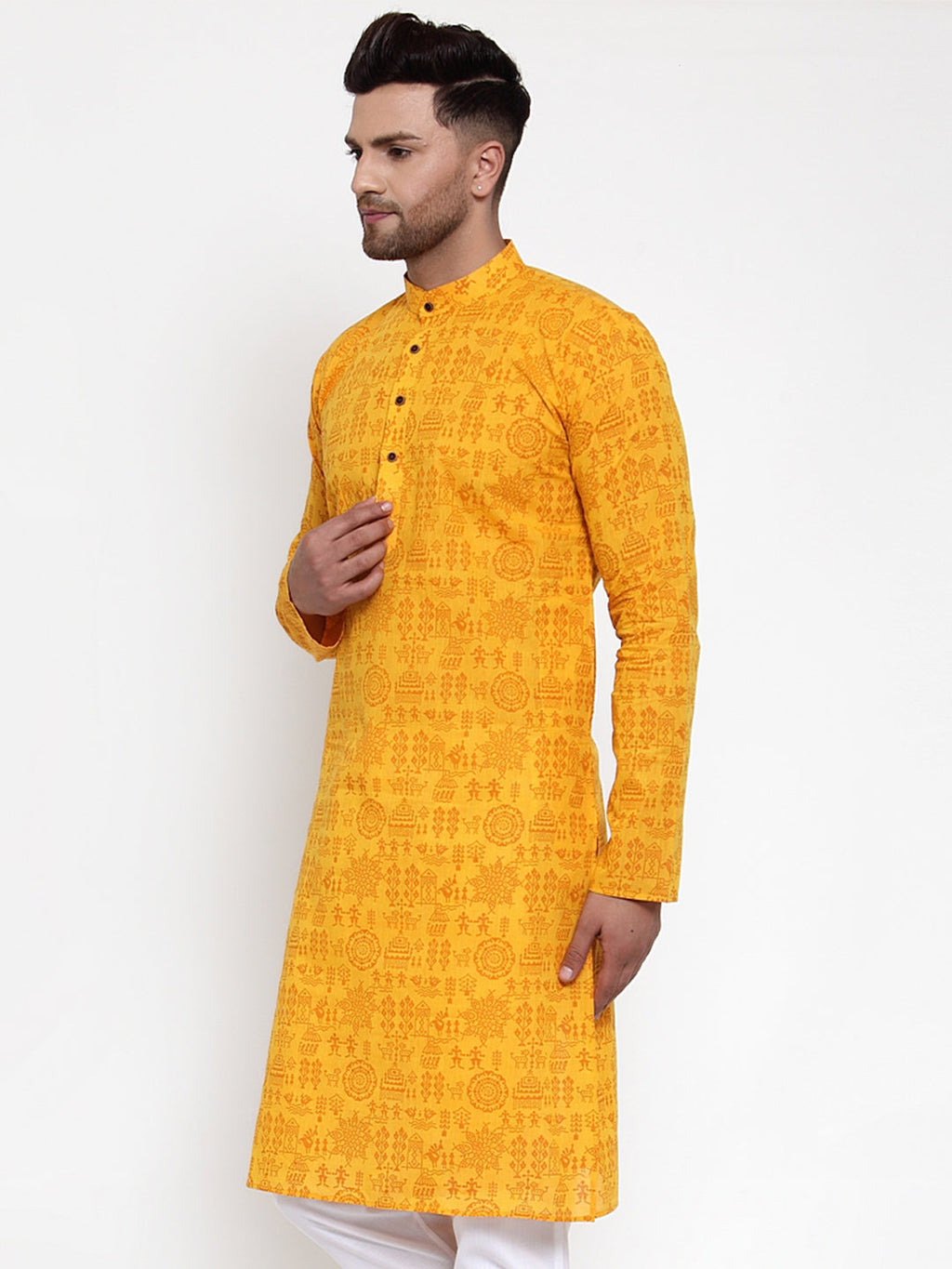 Jompers Men Mustard Printed Straight Kurta Only | Grocsy