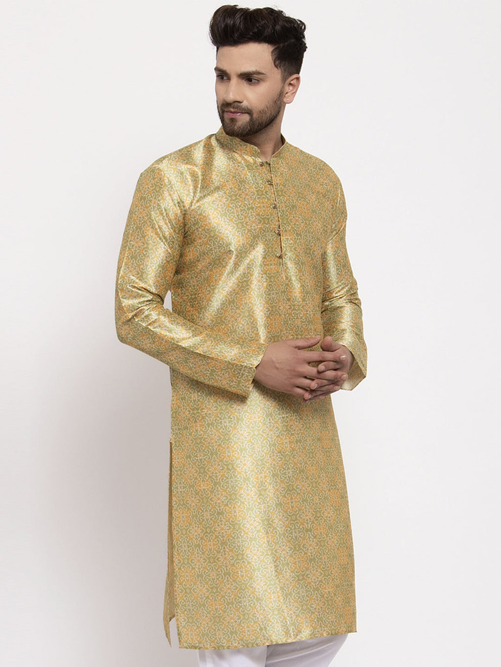 Jompers Men Green & Gold-Toned Printed Kurta onlly | Grocsy