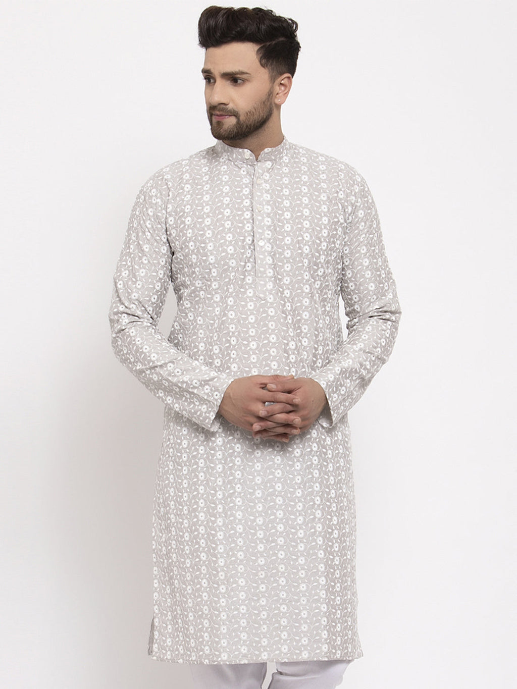 Jompers Men Light Grey Embroidered Kurta Only | Grocsy