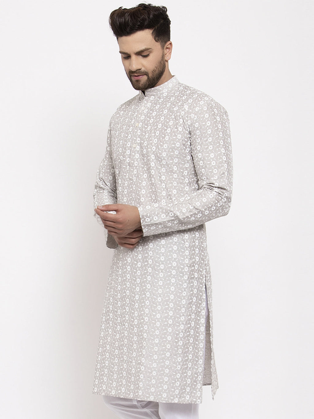 Jompers Men Light Grey Embroidered Kurta Only | Grocsy