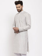 Jompers Men Light Grey Embroidered Kurta Only | Grocsy