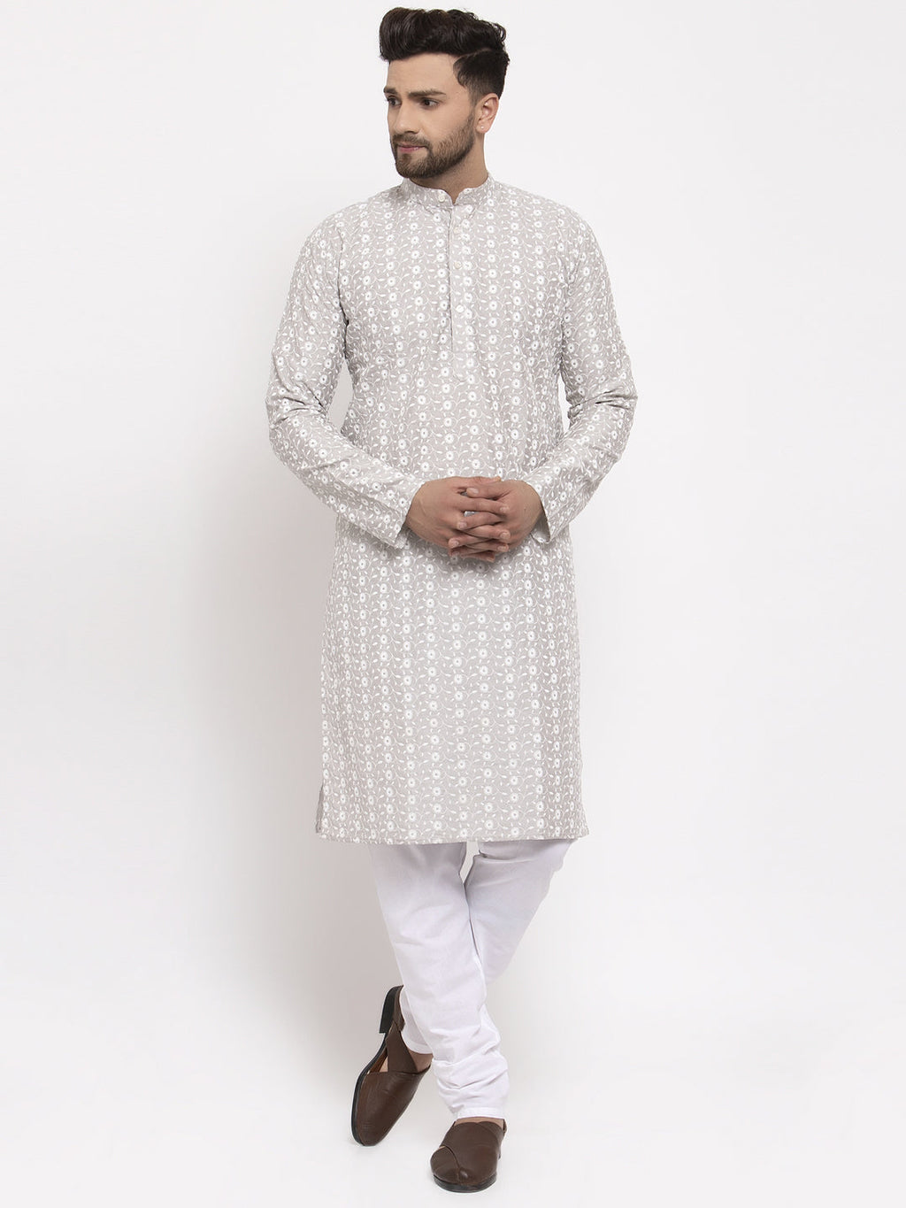 Jompers Men Light Grey Embroidered Kurta Only | Grocsy