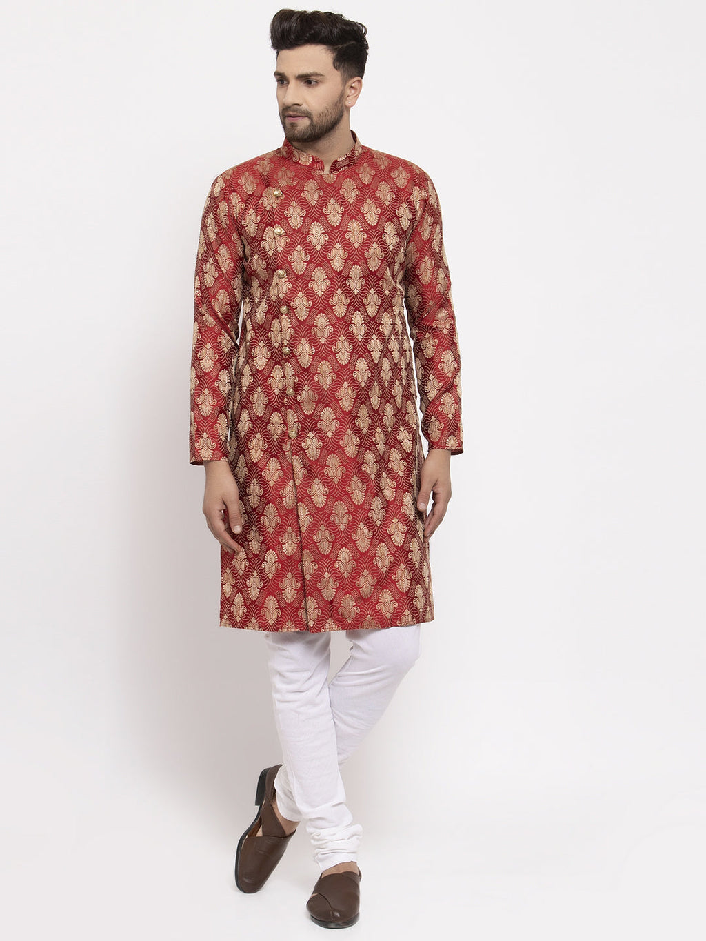 Jompers Men Maroon Jacquard Kurta Only | Grocsy