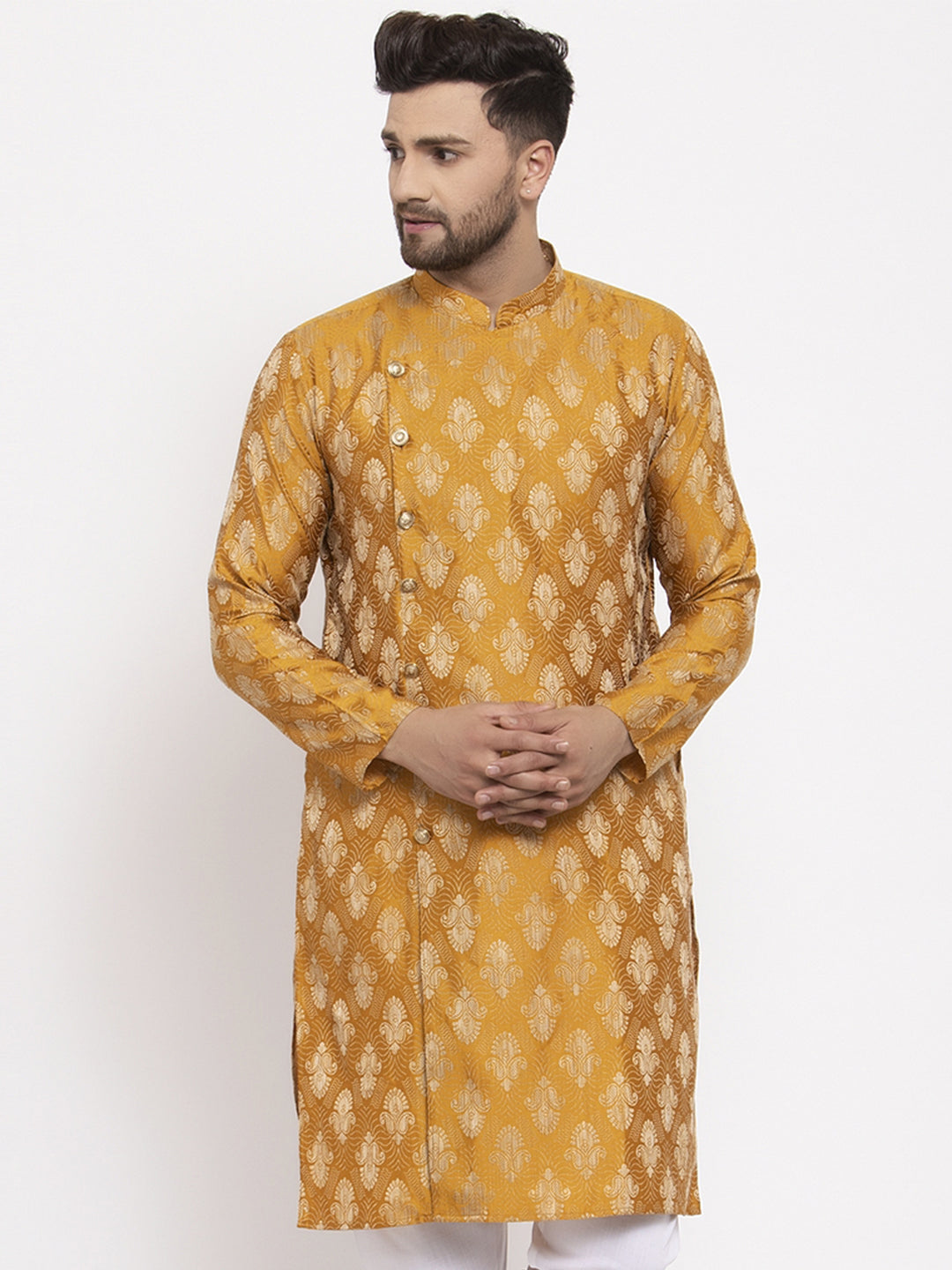 Jompers Men Mustard Yellow & White Jacquard Kurta Only | Grocsy