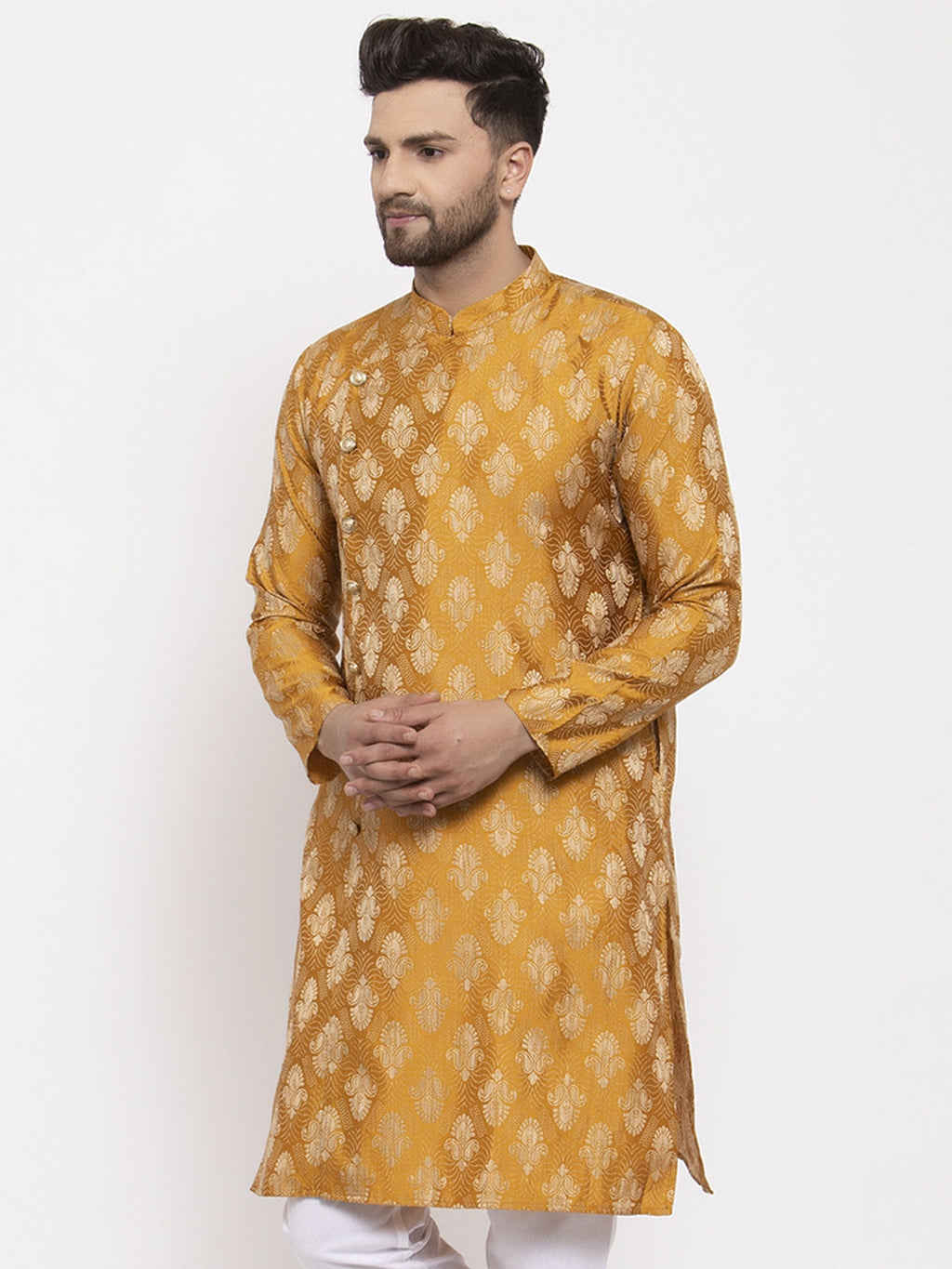 Jompers Men Mustard Yellow & White Jacquard Kurta Only | Grocsy