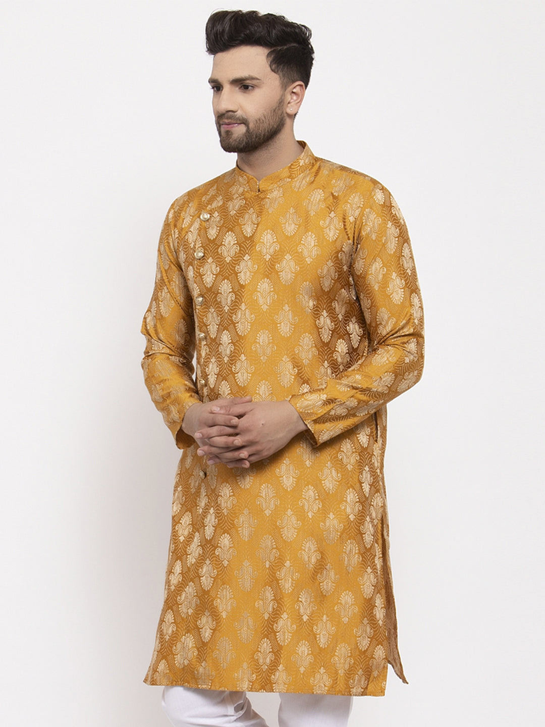 Jompers Men Mustard Yellow & White Jacquard Kurta Only | Grocsy