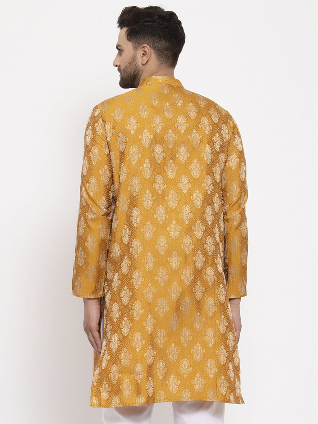 Jompers Men Mustard Yellow & White Jacquard Kurta Only | Grocsy