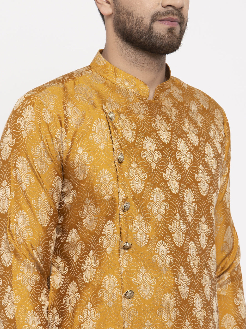 Jompers Men Mustard Yellow & White Jacquard Kurta Only | Grocsy
