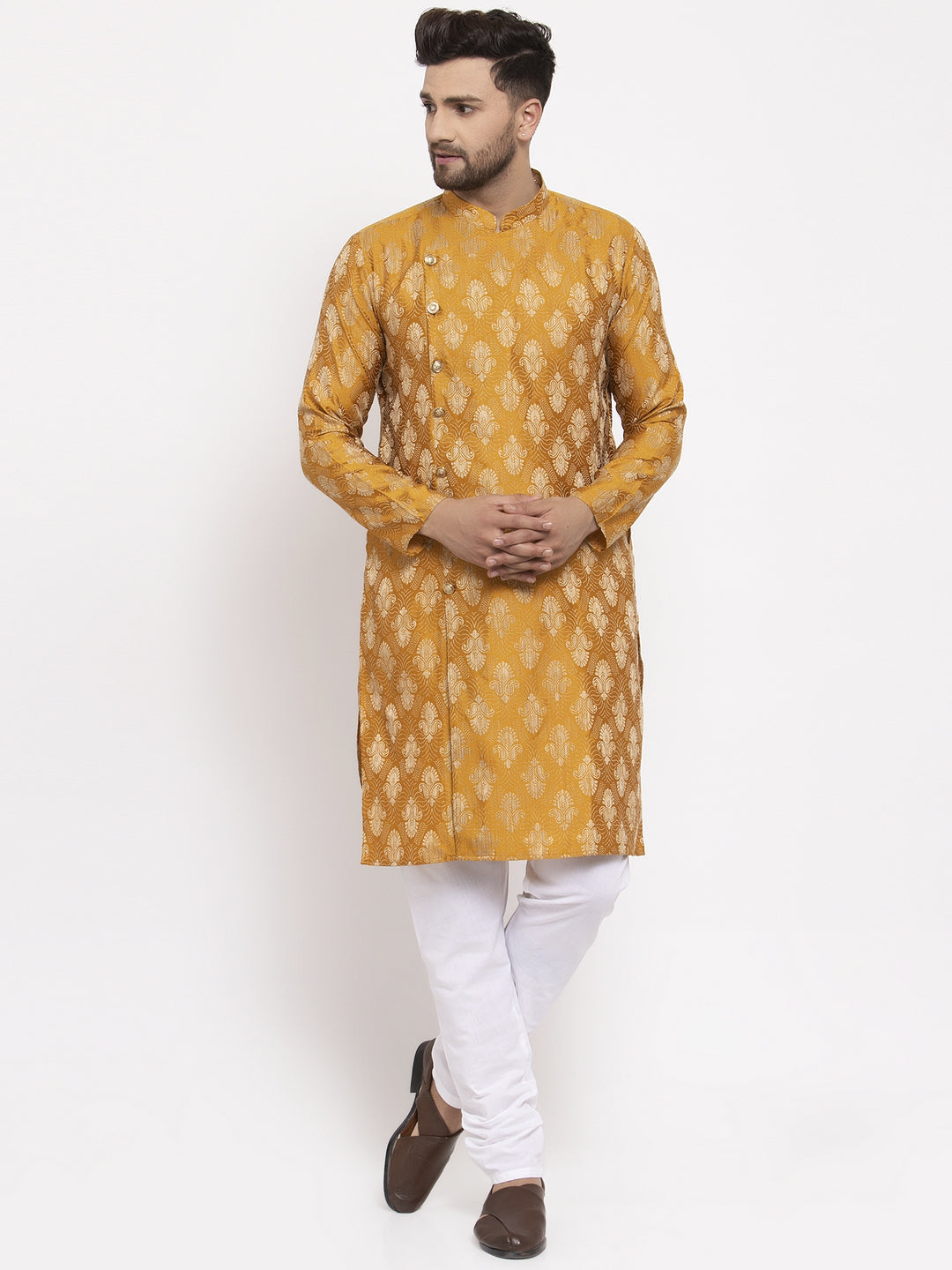 Jompers Men Mustard Yellow & White Jacquard Kurta Only | Grocsy