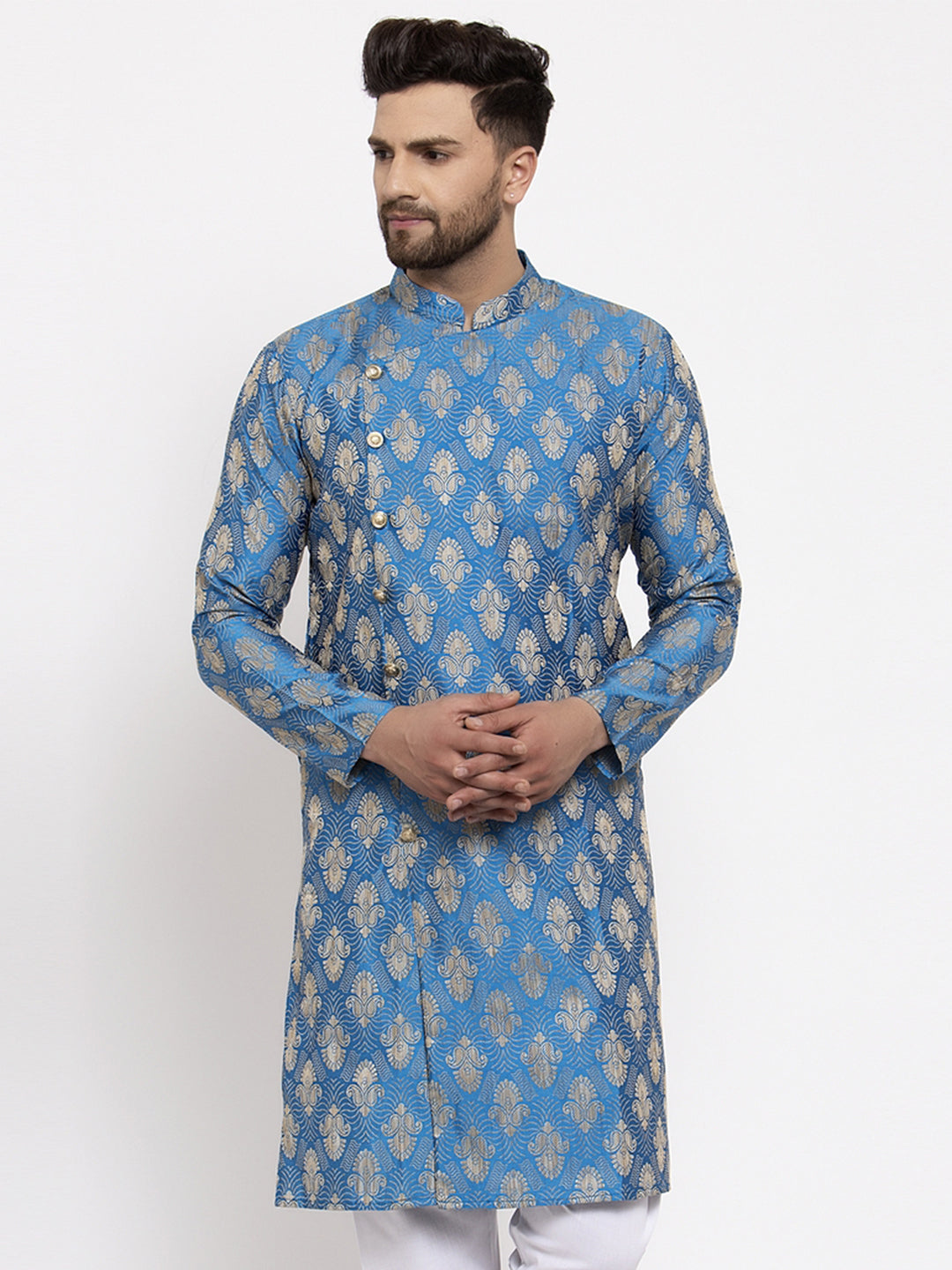 Jompers Men Blue Jacquard Kurta Only | Grocsy