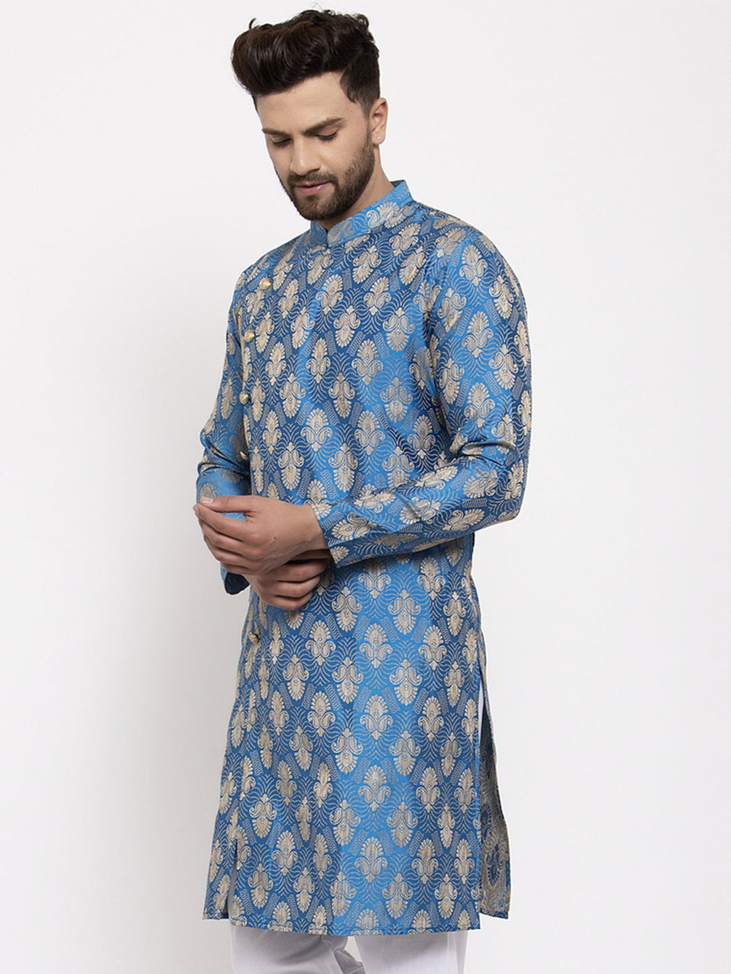 Jompers Men Blue Jacquard Kurta Only | Grocsy