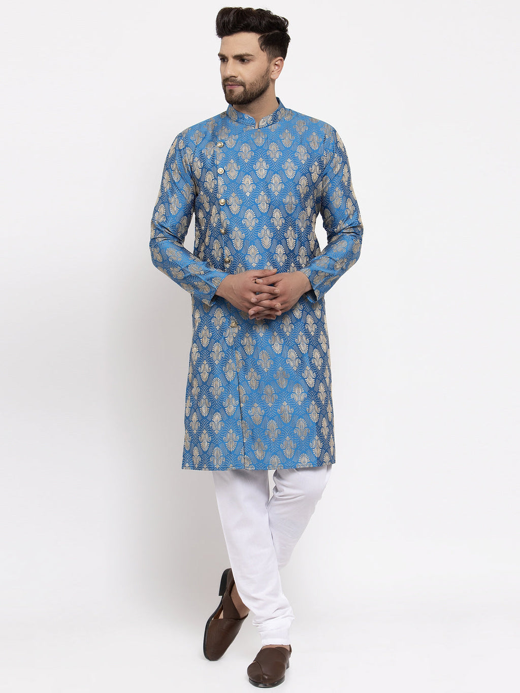 Jompers Men Blue Jacquard Kurta Only | Grocsy