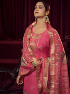 Jyoti Fashion Women's Magenta Organza Jacquard Woven Kurta with Trouser & Dupatta | Grocsy
