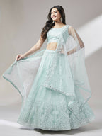 House of Panchhi Turquoise Blue Net Gotapatti Work Lehenga & Blouse, Dupatta | Grocsy