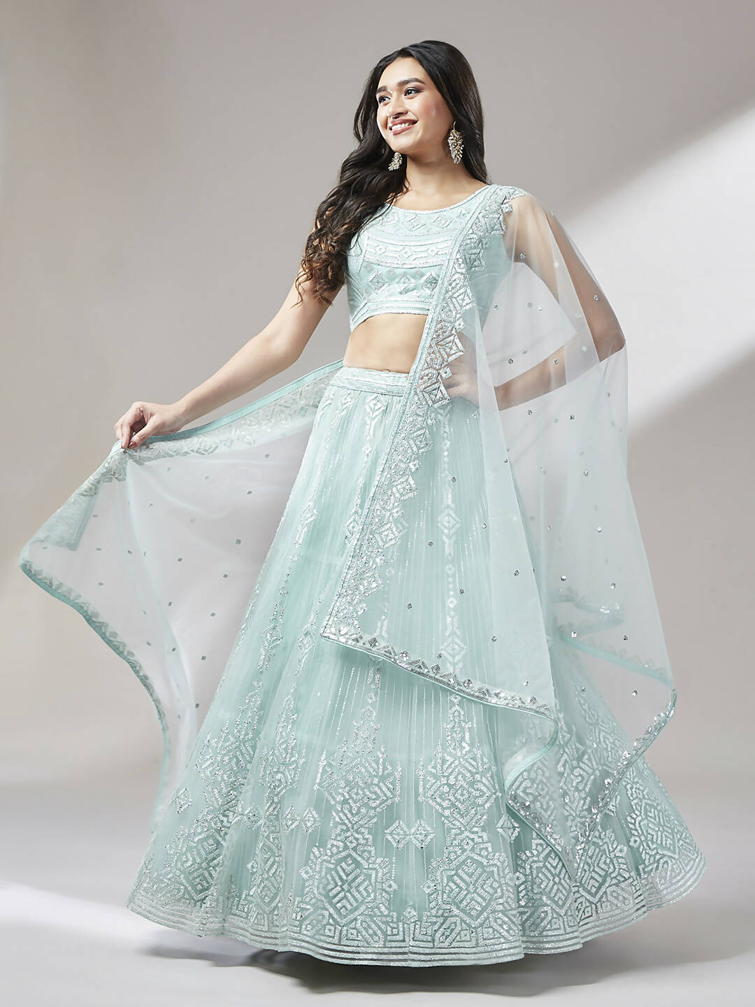 House of Panchhi Turquoise Blue Net Gotapatti Work Lehenga & Blouse, Dupatta | Grocsy