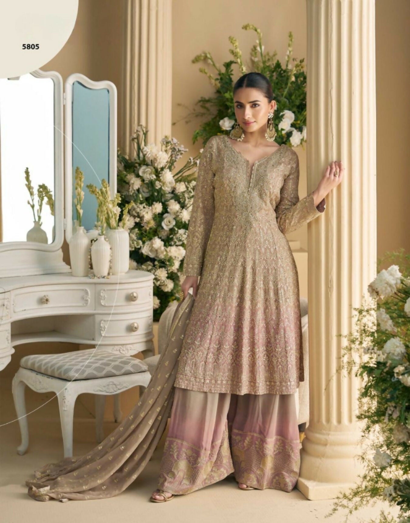 Anaita Beige Heavy Georgette Stitched Suit with Sequence & Diamond work | Grocsy