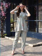 Sky Blue Rayon Paisley & Floral Printed Top with Matching Bottom - Eesha | Grocsy